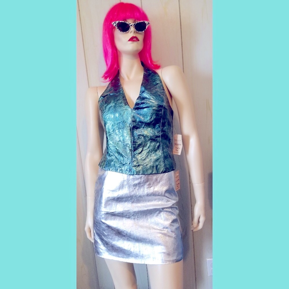 PUNK GLAM VTG 90s Leather Outfit Top & Mini Skirt upcycled destroyed ooak